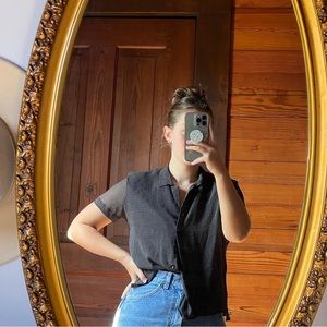 Women small black polkadot short sleeve button up